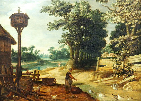 Gemälde „Landschaft mit Bäuerin und Enten“ von J. Urselincx