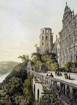 Altan des Heidelberger Schlosses mit Glockenturm. Lithografie Lorent Deroy, 1844. SSG/LMZ