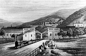 Bahnhof Heidelberg, 1840er-Jahre. Lithografie J. Schütz. Wikimedia Commons, PD