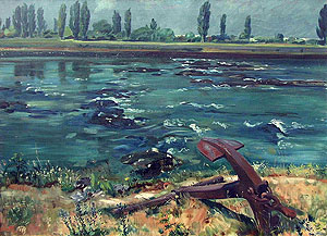 „Anker am Rhein“, Ölgemälde von 1934 von Hermann Burte. Sammlung Dreiländermuseum