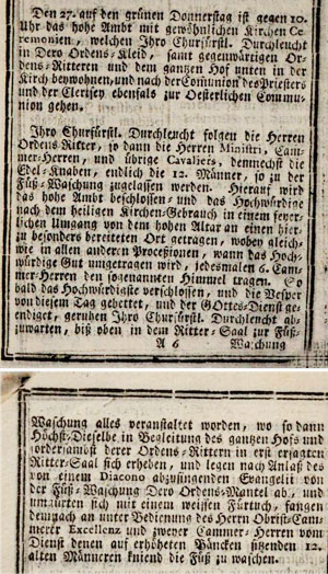 Protokollarische Notiz über das Zeremoniell der Fußwaschung im Rittersaal des Mannheimer Schlosses am 27. März 1766