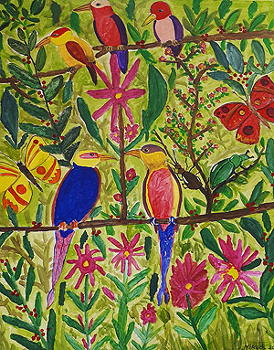 Manfred Koch: Im Dschungel. Foto: Dr. Karin Bury. Das Bild zeigt bunte Vögel und Schmetterlinge mit Pflanzen und Blumen