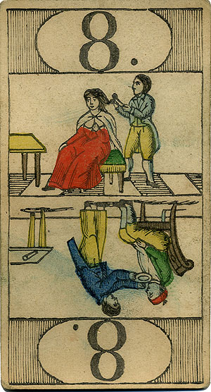 Kartenspiel des 18. Jahrhunderts. Spielkarte 8 - Friseur. Foto: Erkenbert-Museum Frankenthal.