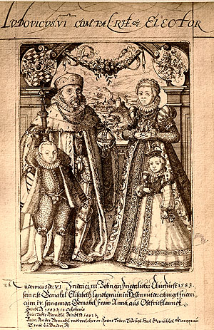 Jost Amman: Kurfürst Ludwig VI., seine Gemahlin Elisabrth von Hessen und seine biden Kinder Friedrich und Christine. Um 1582. Uni-Bibliothek Heidelberg.