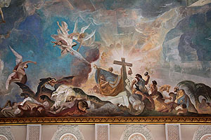 Schlosskirche Mannheim, Detail aus dem Deckengemälde: Das Kreuz überwindet den Drachen des Bösen