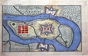 Plan des auf einer Rheininsel gelegenen Forts Louis, nach 1681 von Vauban errichtet. Stadtarchiv Rastatt. Foto: (Ausstellung Rastatt 2014): kulturer.be.