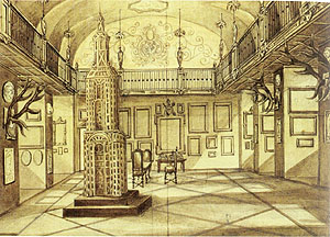 Bibliothekssaal um 1880 mit dem Modell des großen Glockenturms. Herkunft unbekannt, Wikimedia Commons /PD.
