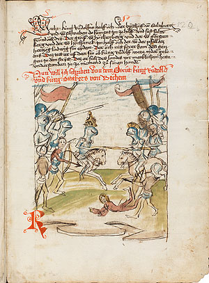 Die Chronik von den 95 Herrschaften (Königsfelden, 1479–1482) erzählt die Geschichte des Aufstiegs der Habsburger Herrscher. Diese Seite zeigt den Zweikampf zwischen Rudolf I. und Ottokar II. in der Schlacht von Dürnkrut. Bild: Bern, Burgerbibliothek, Cod. A 45, fol. 61r – Österreichische Chronik der 95 Herrschaften