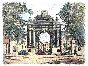 Kolorierte Radierung des Speyrer Tors von der "Feldseite".