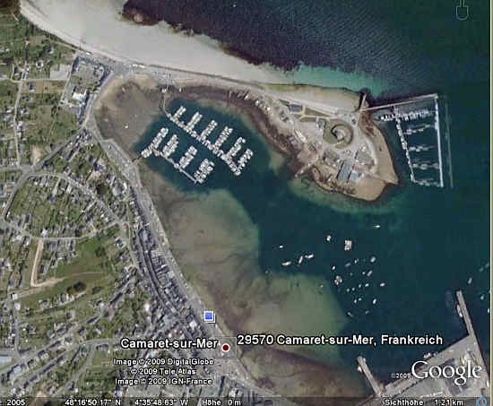 Camaret-sur-Mer, Lage des Vauban-Turms auf derf Halbinsel vor dem Hafen.